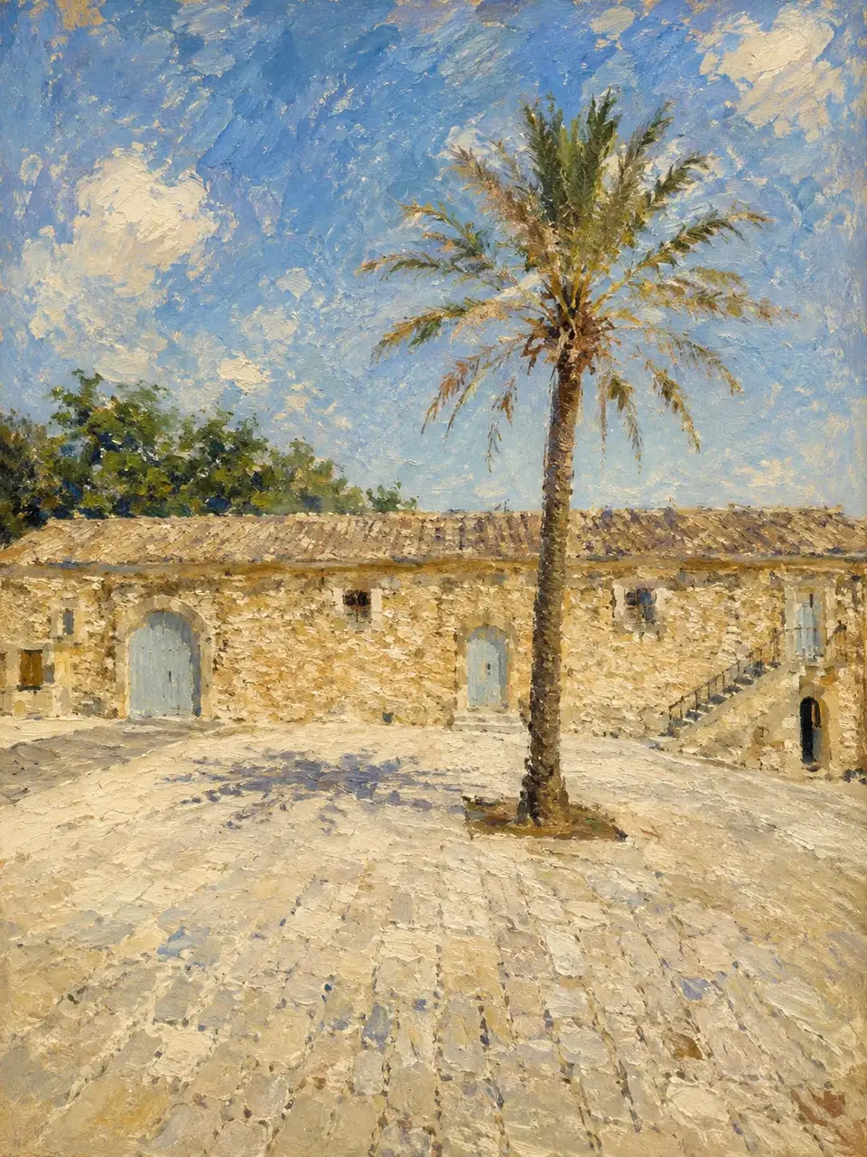 A painting of a palm tree in a sunny masseria courtyard