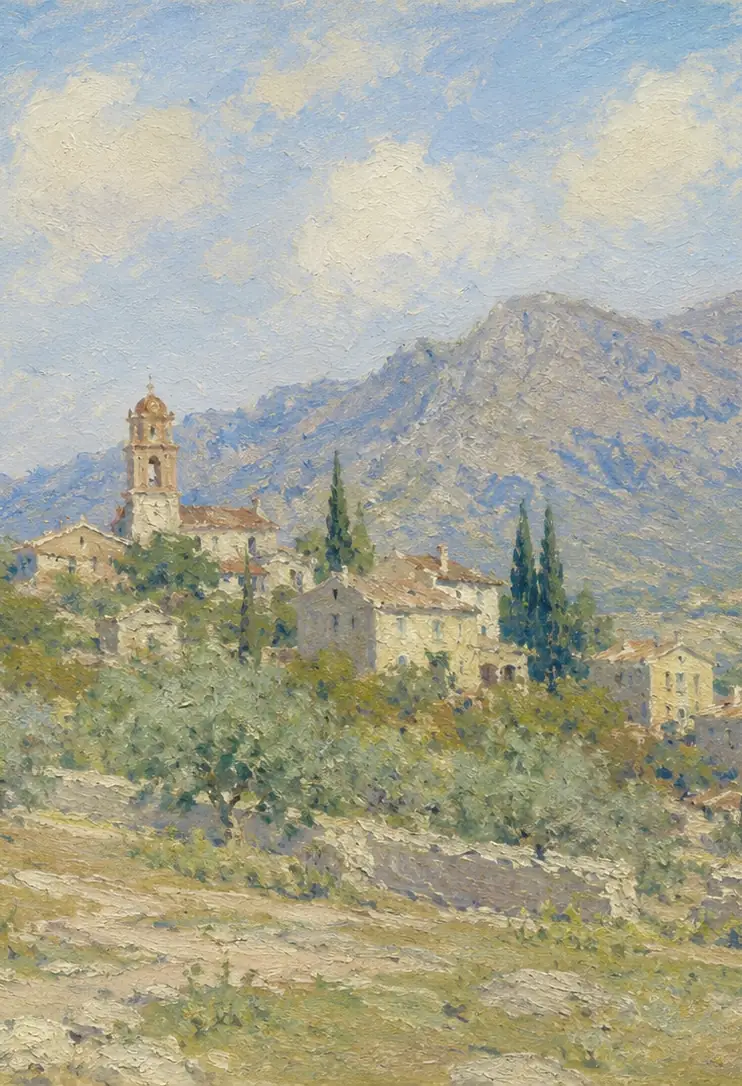 A painting of a hill town with a bell tower