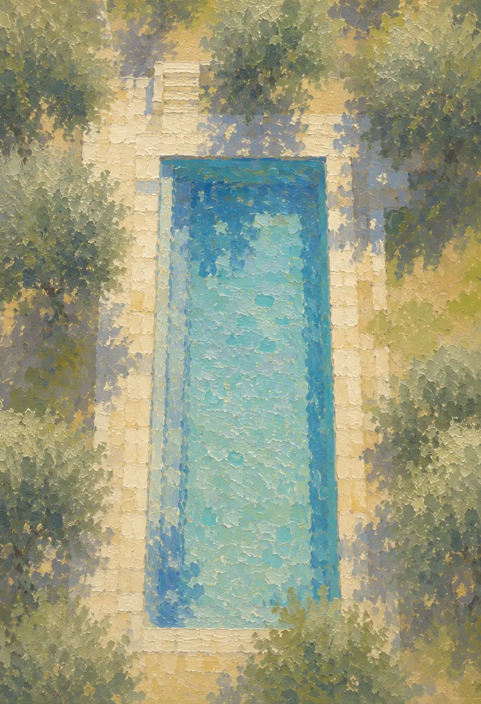 A painting of a pool amongst olive trees