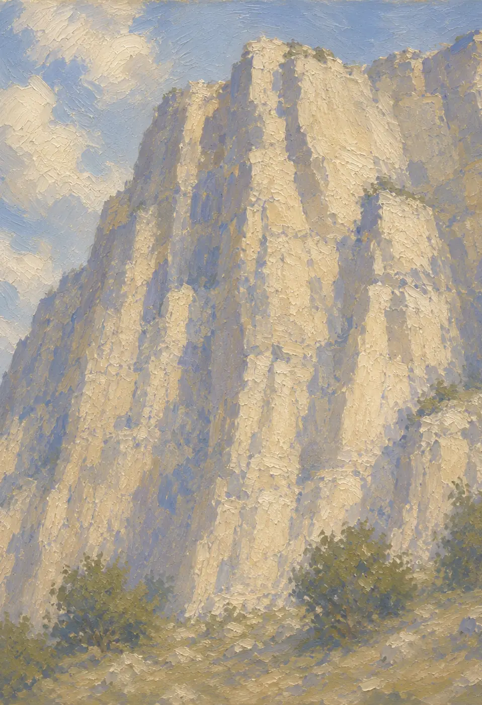 A painting of a limestone quarry cliff