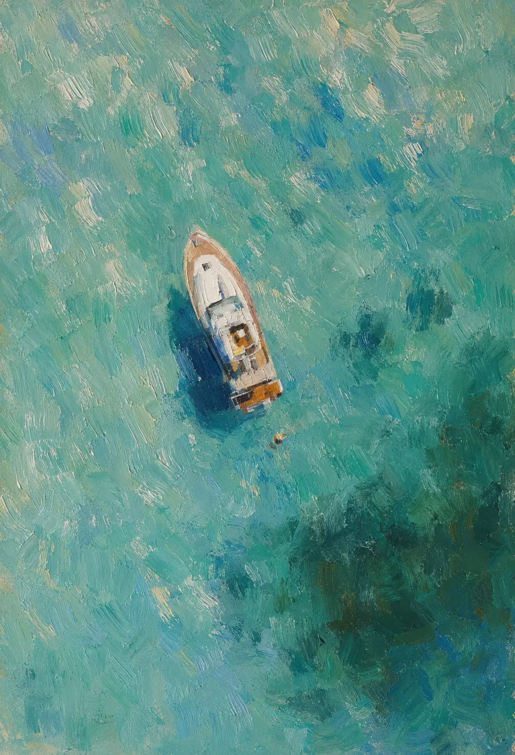 A painting of a boat on turquoise water